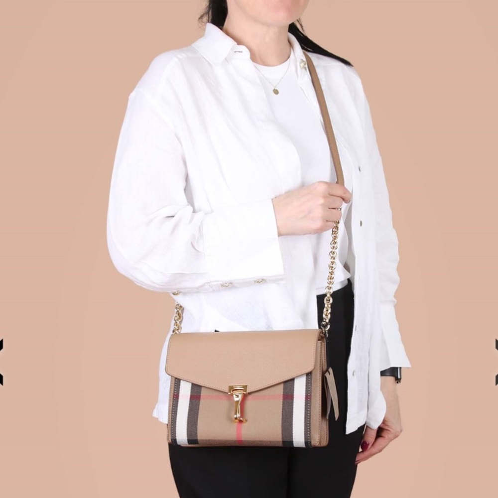 NWT Burberry Macken Leather and House Check Crossbody Bag Small Camel | Tan - Picture 3 of 16